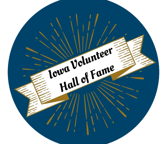A decorative image with the words "Iowa Volunteer Hall of Fame" in a banner across a dark blue background.