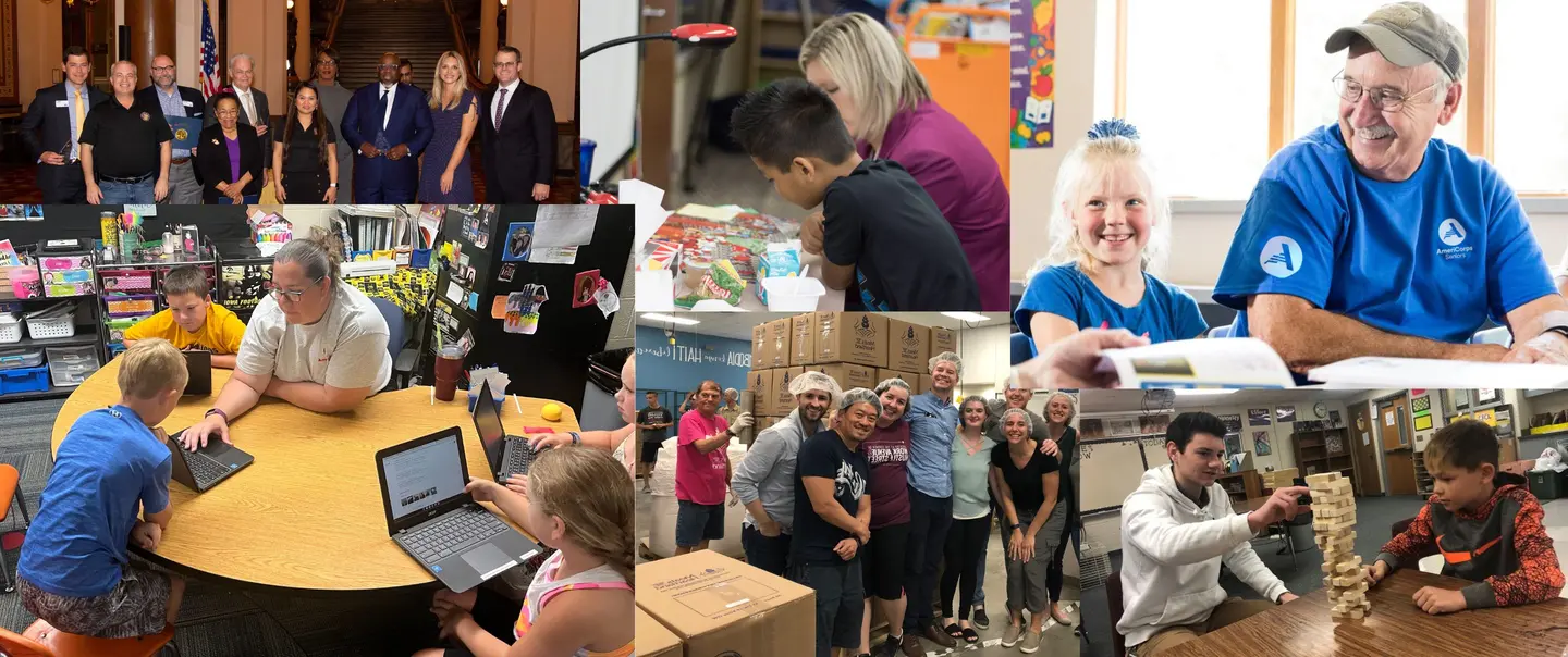 Collage of photos demonstrating volunteering, mentoring and AmeriCorps service.