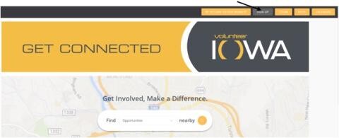 Get Connected logo on a gold background, cobranded with the Volunteer Iowa logo on a dark gray background, above a partial map of Iowa