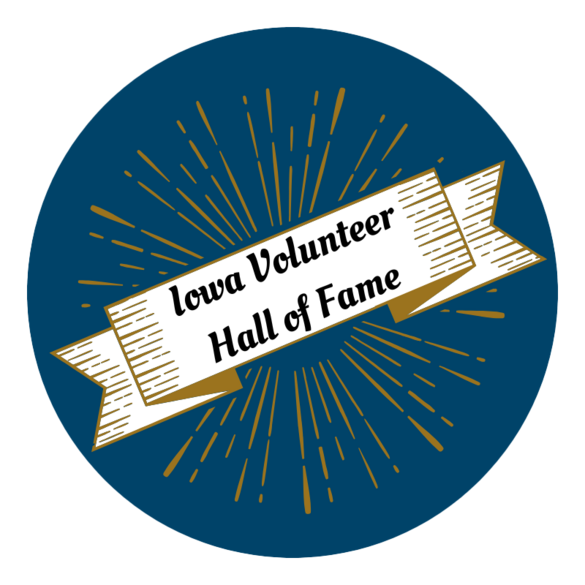 A decorative image with the words "Iowa Volunteer Hall of Fame" in a banner across a dark blue background.